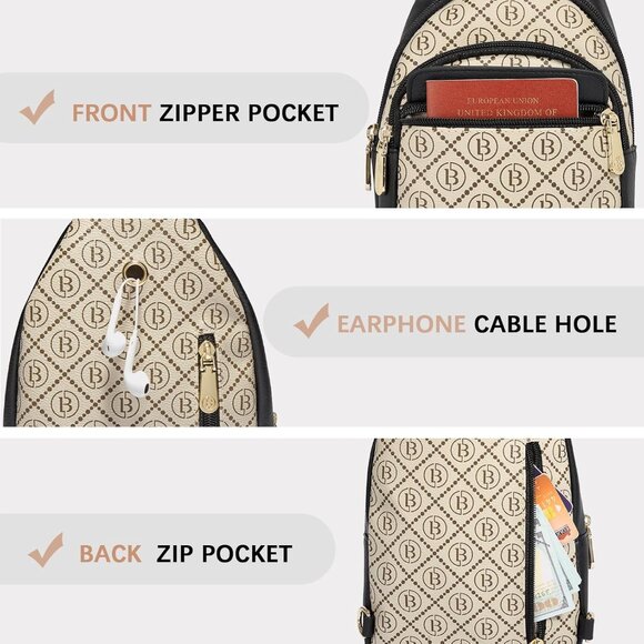 Women Monogram Print Imported PU Leather Small Crossbody Chest Sling Travel Bag - Picture 4 of 8